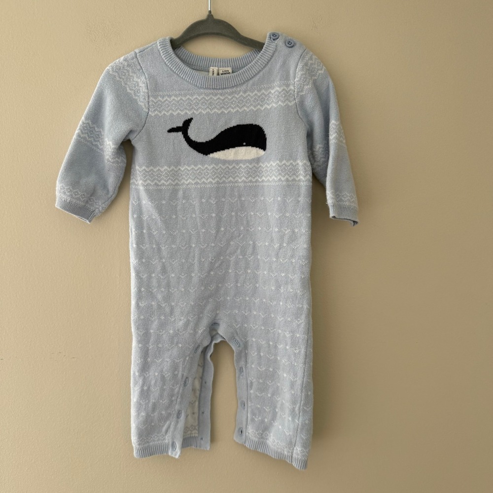 Janie and Jack Baby Blue Knit Whale Romper Fair Isle One Piece 3-6 Months